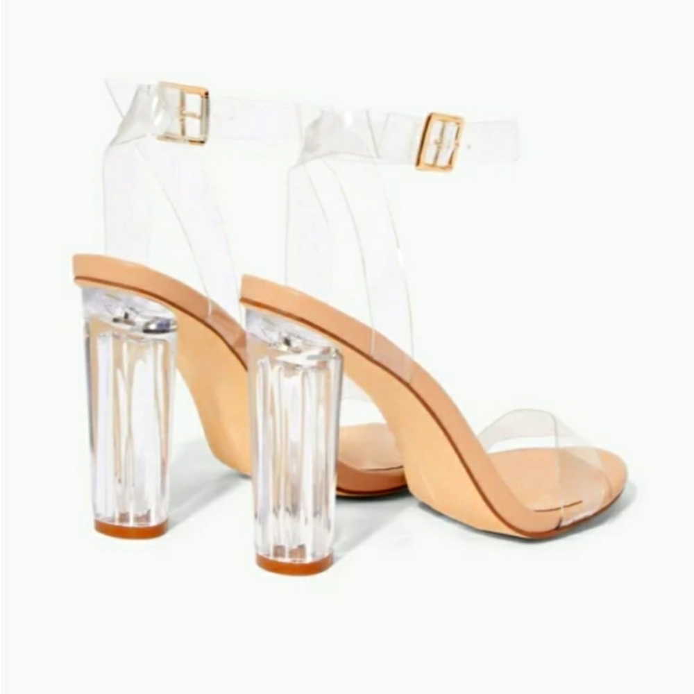 Just Fab Hanna transparent.4in.heels sandals with gold ankle strap.slight peelin